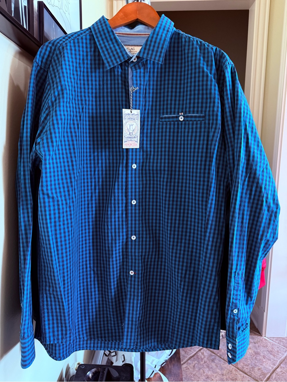 NWT Flag & Anthem Burton Welt Pocket Shirt Teal & Navy Blue Gingham XL